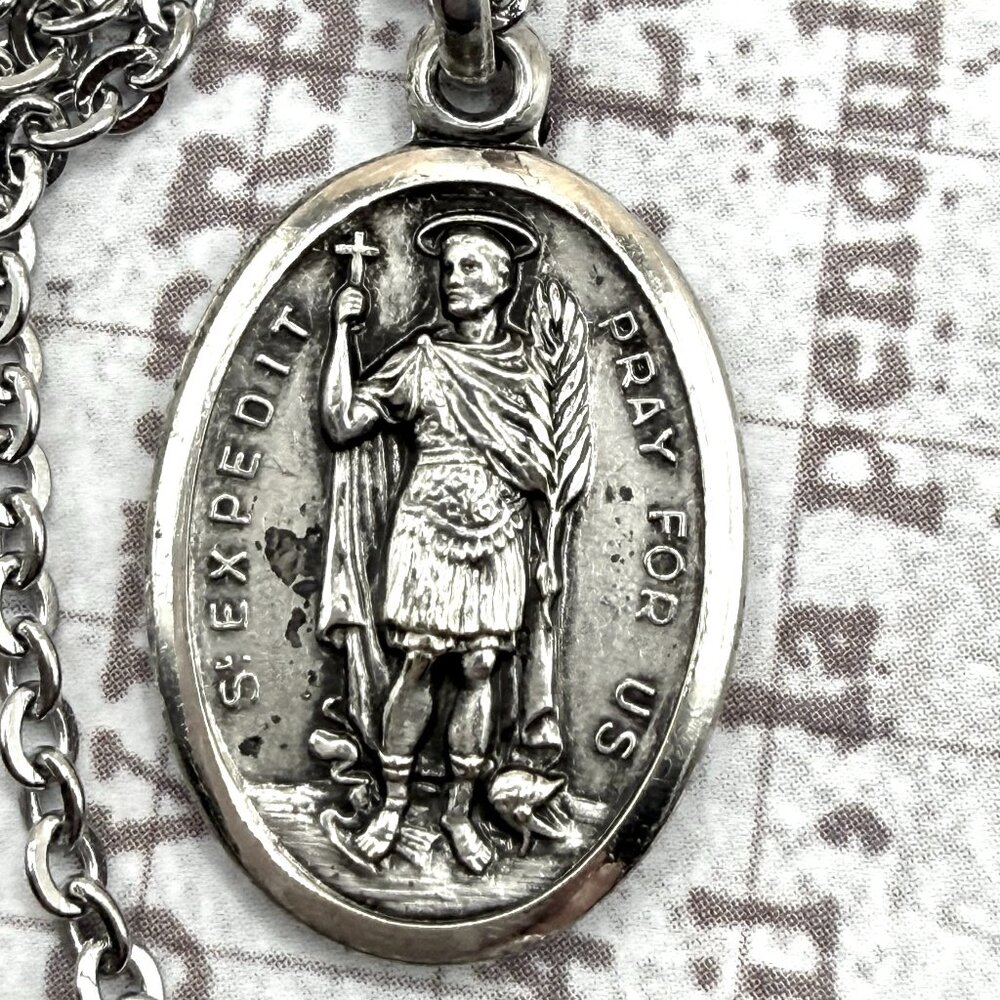 Vintage Saint St Expedit Italy Religious Catholic Medal Steel Chain Necklace